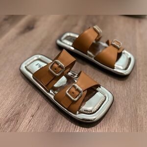 PRADA Brown  20Mm Double Buckle Slide Sandal With Metallic Soles White